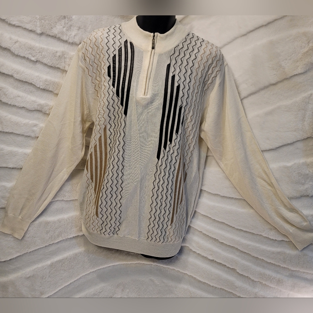 Vintage Miko Wool Blend Thin Sweater Mens XL 1/4 Zipper Front Leather Accents